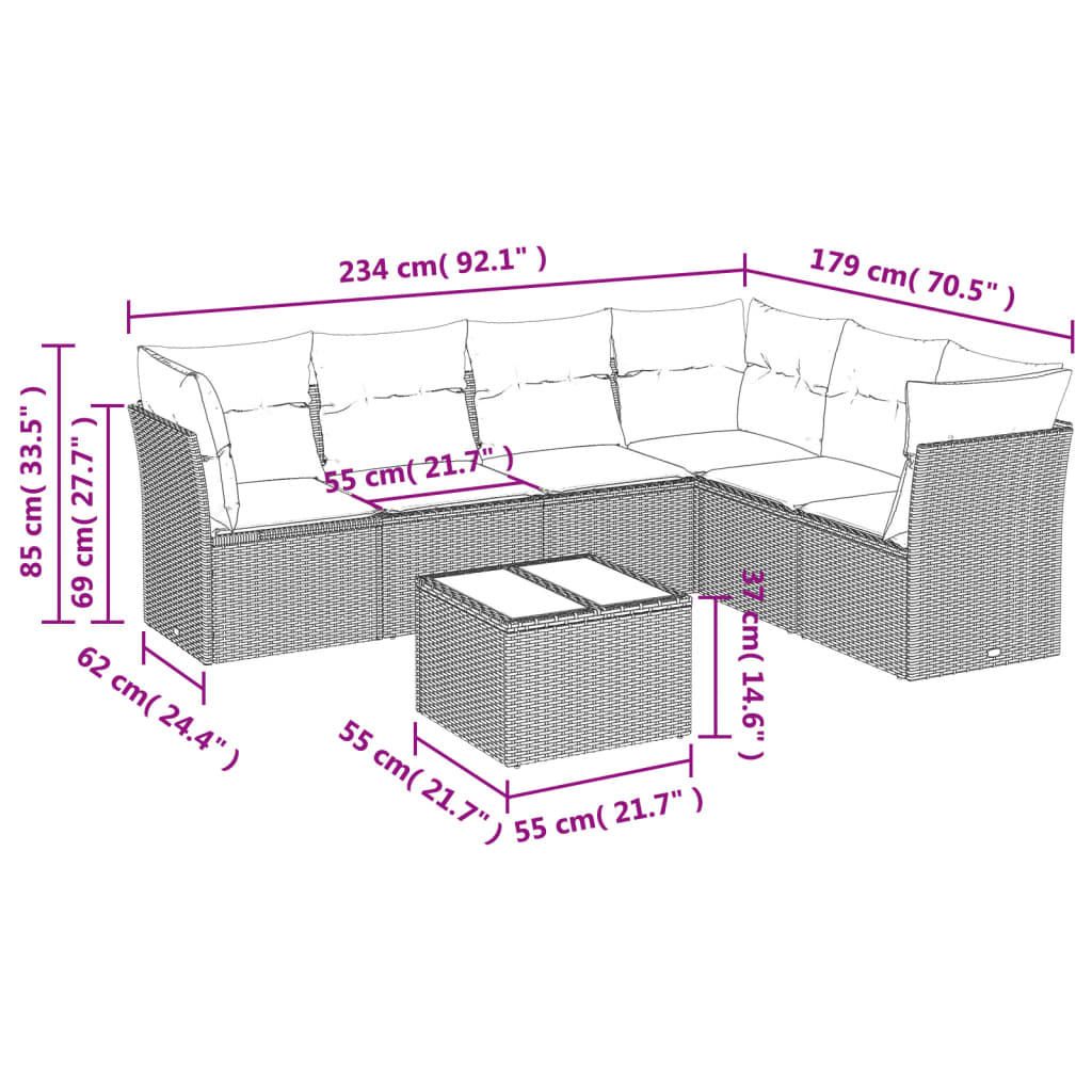 7-tlg. Garten-Sofagarnitur mit Kissen Beige Poly Rattan