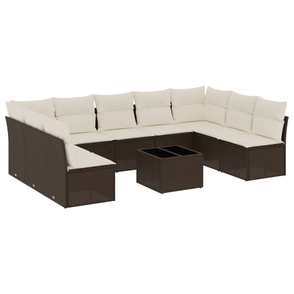 10-tlg. Garten-Sofagarnitur mit Kissen Braun Poly Rattan