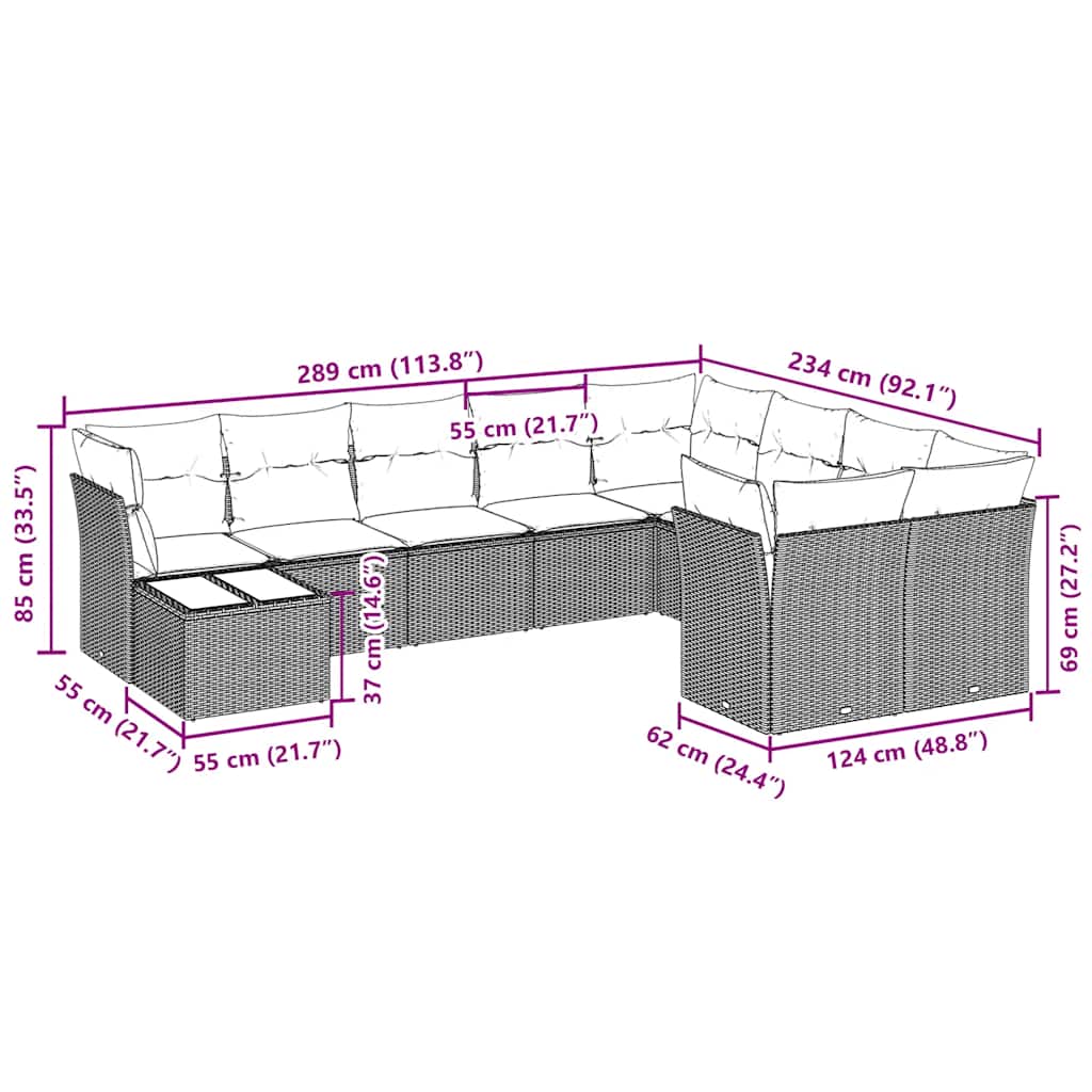 10-tlg. Garten-Sofagarnitur mit Kissen Hellgrau Poly Rattan