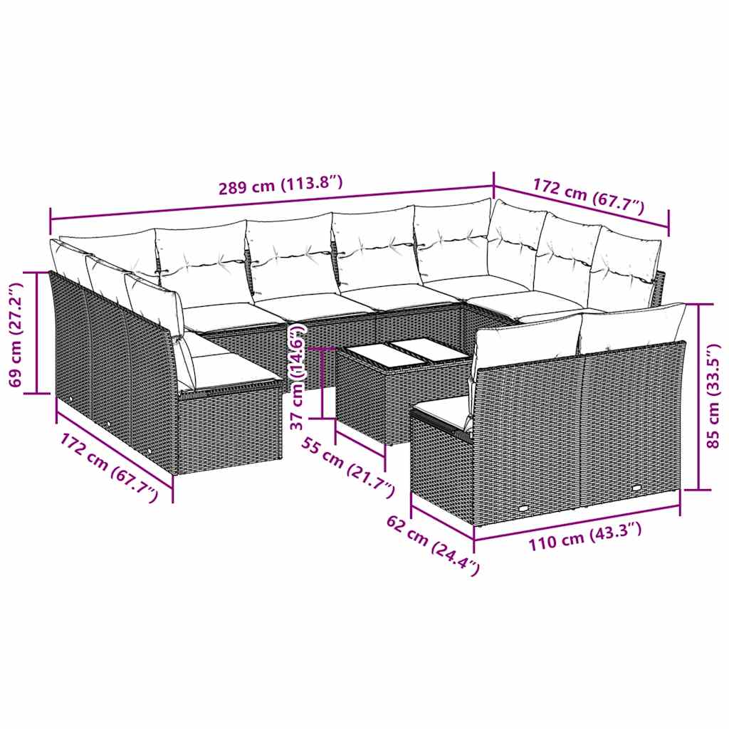 12-tlg. Garten-Sofagarnitur mit Kissen Hellgrau Poly Rattan