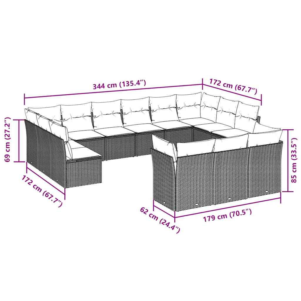 13-tlg. Garten-Sofagarnitur mit Kissen Hellgrau Poly Rattan