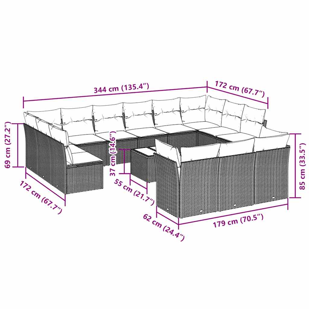14-tlg. Garten-Sofagarnitur mit Kissen Hellgrau Poly Rattan