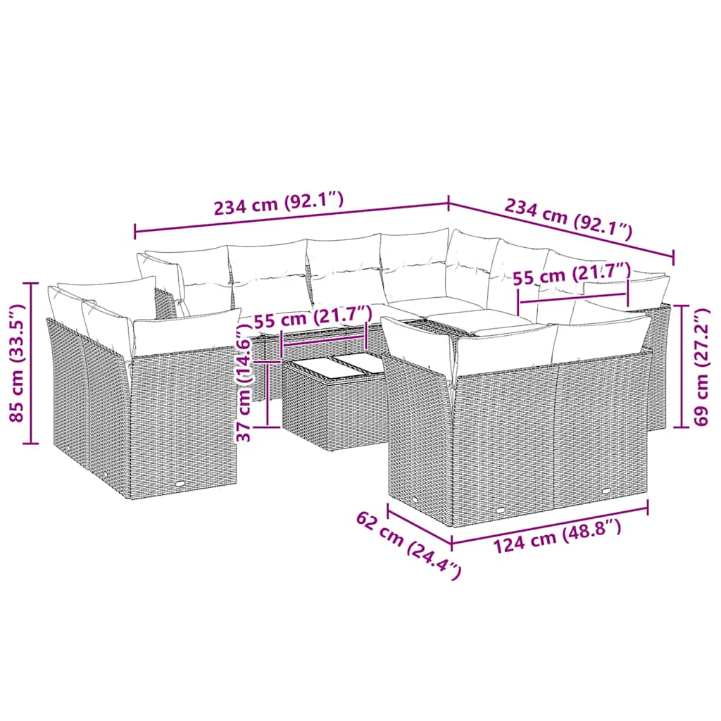 12-tlg. Garten-Sofagarnitur mit Kissen Hellgrau Poly Rattan