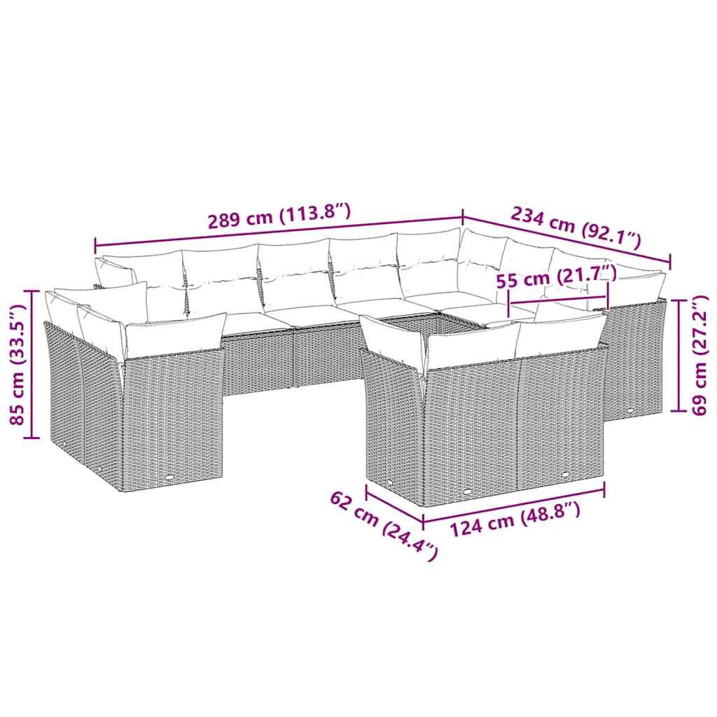 12-tlg. Garten-Sofagarnitur mit Kissen Hellgrau Poly Rattan
