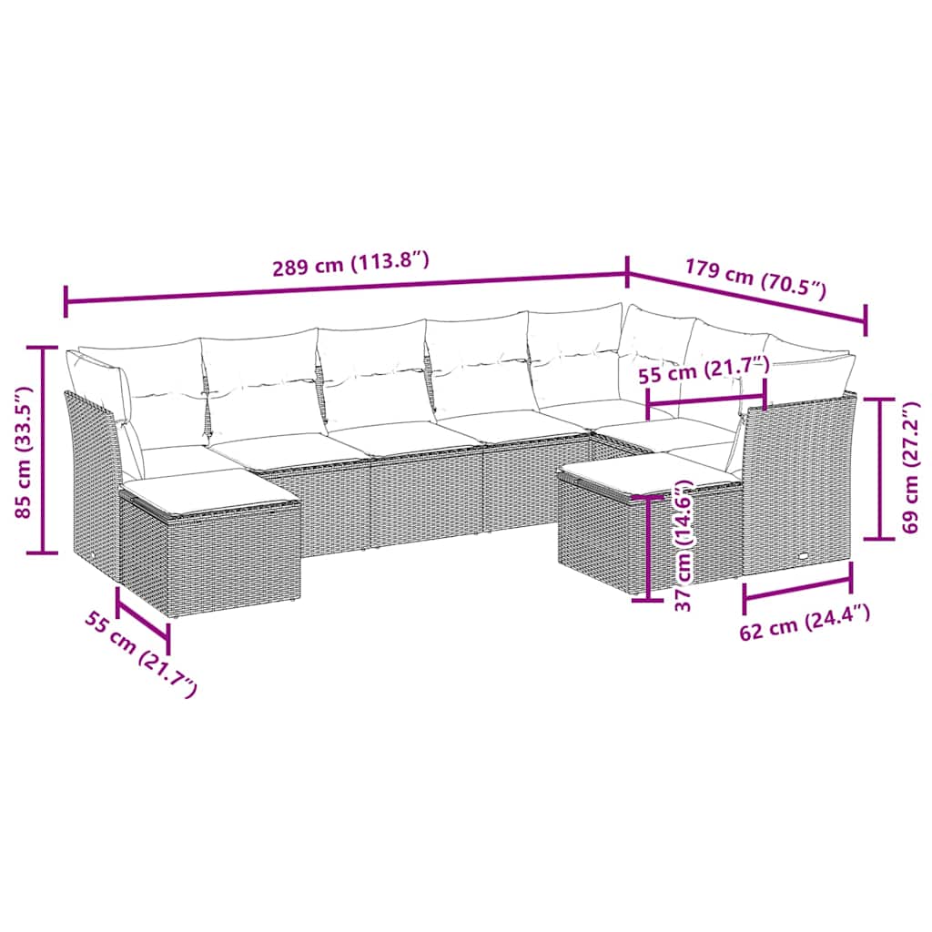 9-tlg. Garten-Sofagarnitur mit Kissen Schwarz Poly Rattan