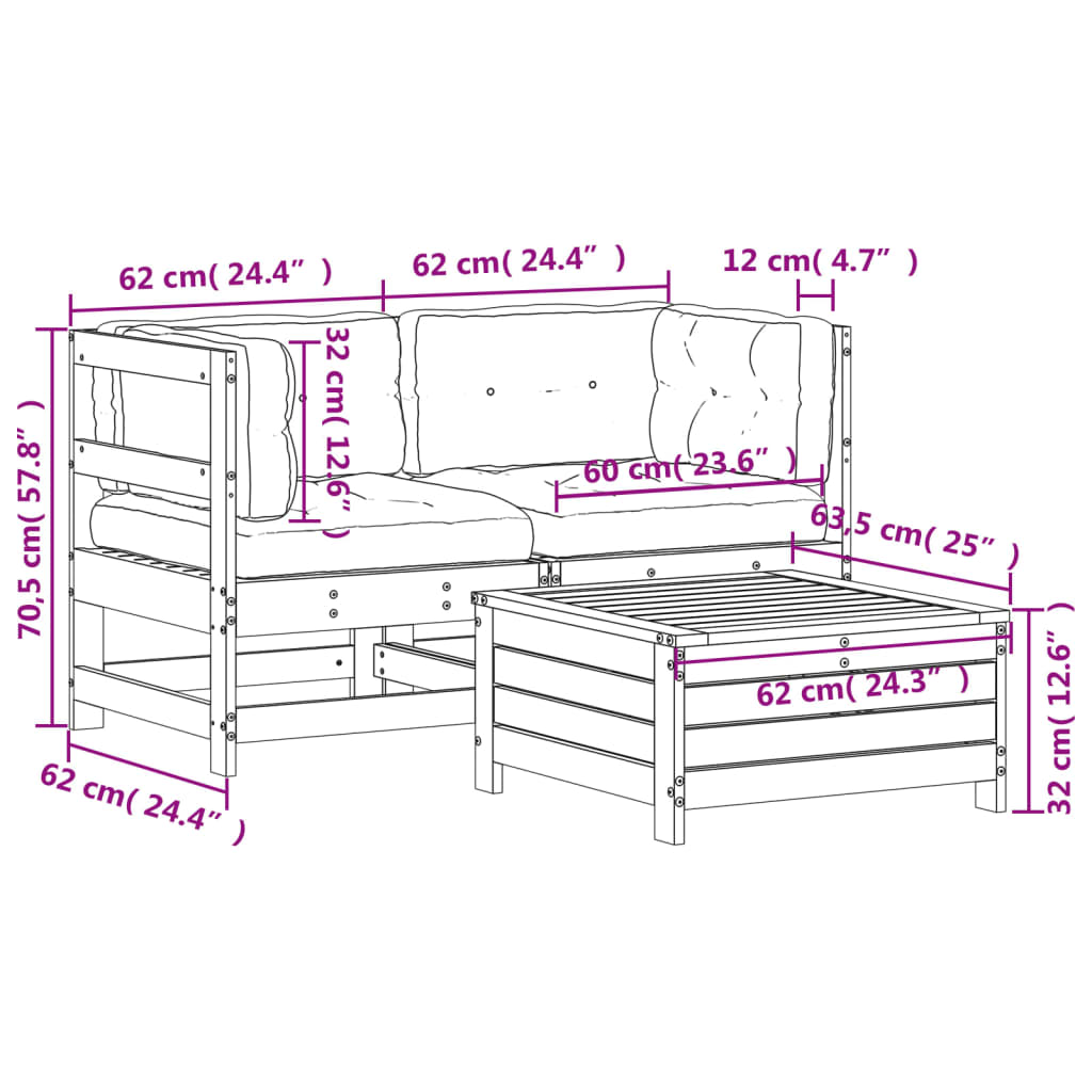 3-tlg. Garten-Lounge-Set mit Kissen Kiefernholz Imprägniert