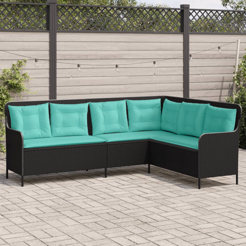 Gartensofa mit Kissen L-förmig Schwarz Polyrattan