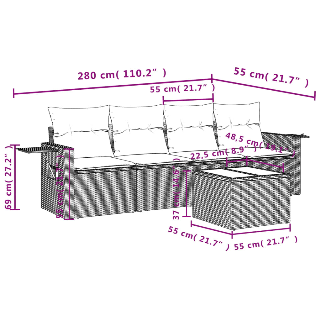 5-teiliges Gartensofa-Set mit Kissen, grau, Polyrattan