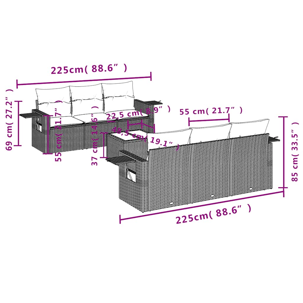 7-teiliges Gartensofa-Set mit Kissen, braun, Polyrattan