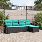 5-teiliges Gartensofa-Set mit Kissen, schwarzes Polyrattan