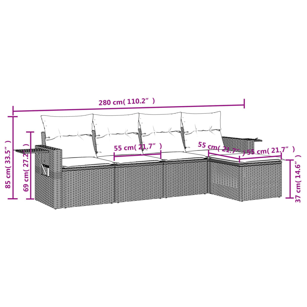 5-teiliges Gartensofa-Set mit Kissen, grau, Polyrattan