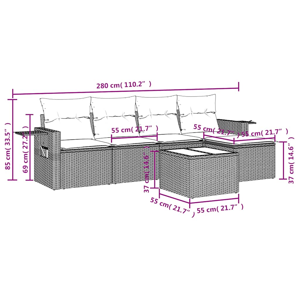 6-tlg. Garten-Sofagarnitur mit Kissen Hellgrau Poly Rattan