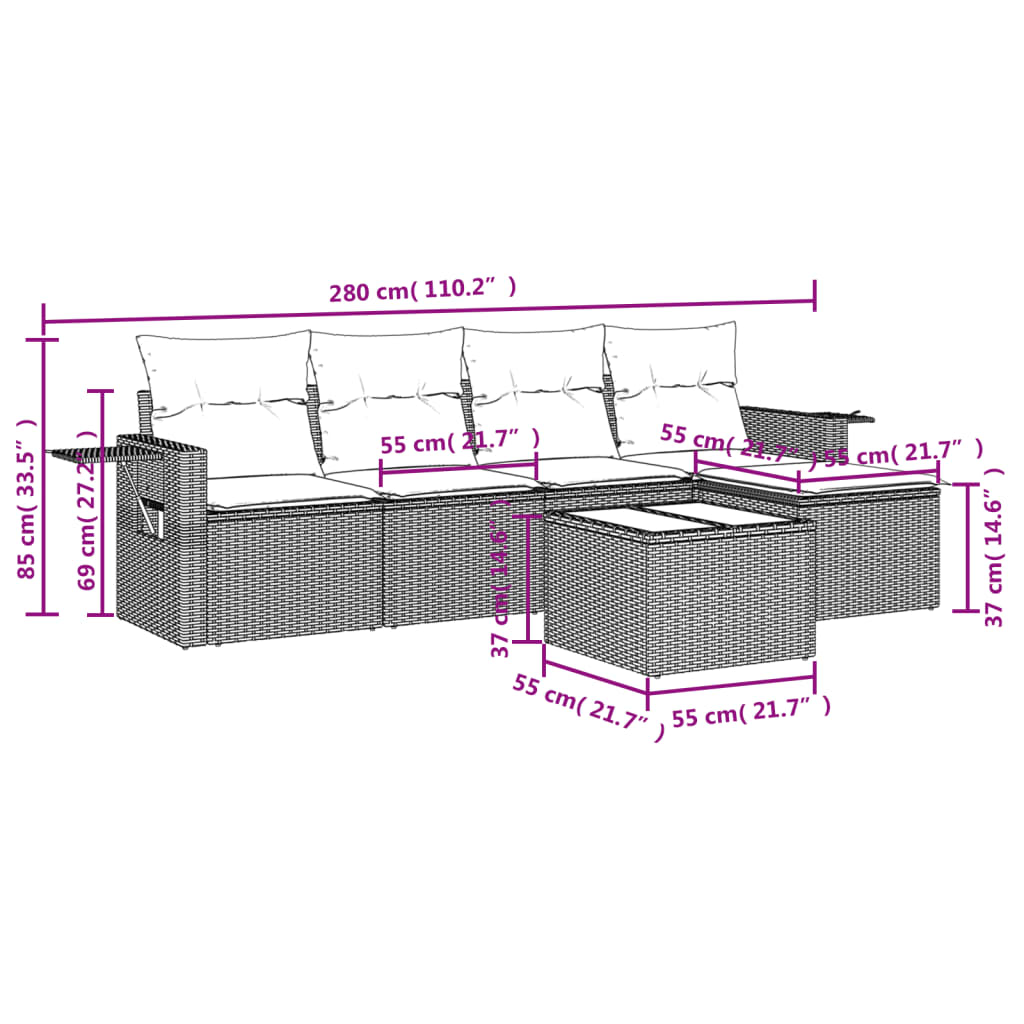 6-teiliges Gartensofa-Set mit Kissen, braun, Polyrattan