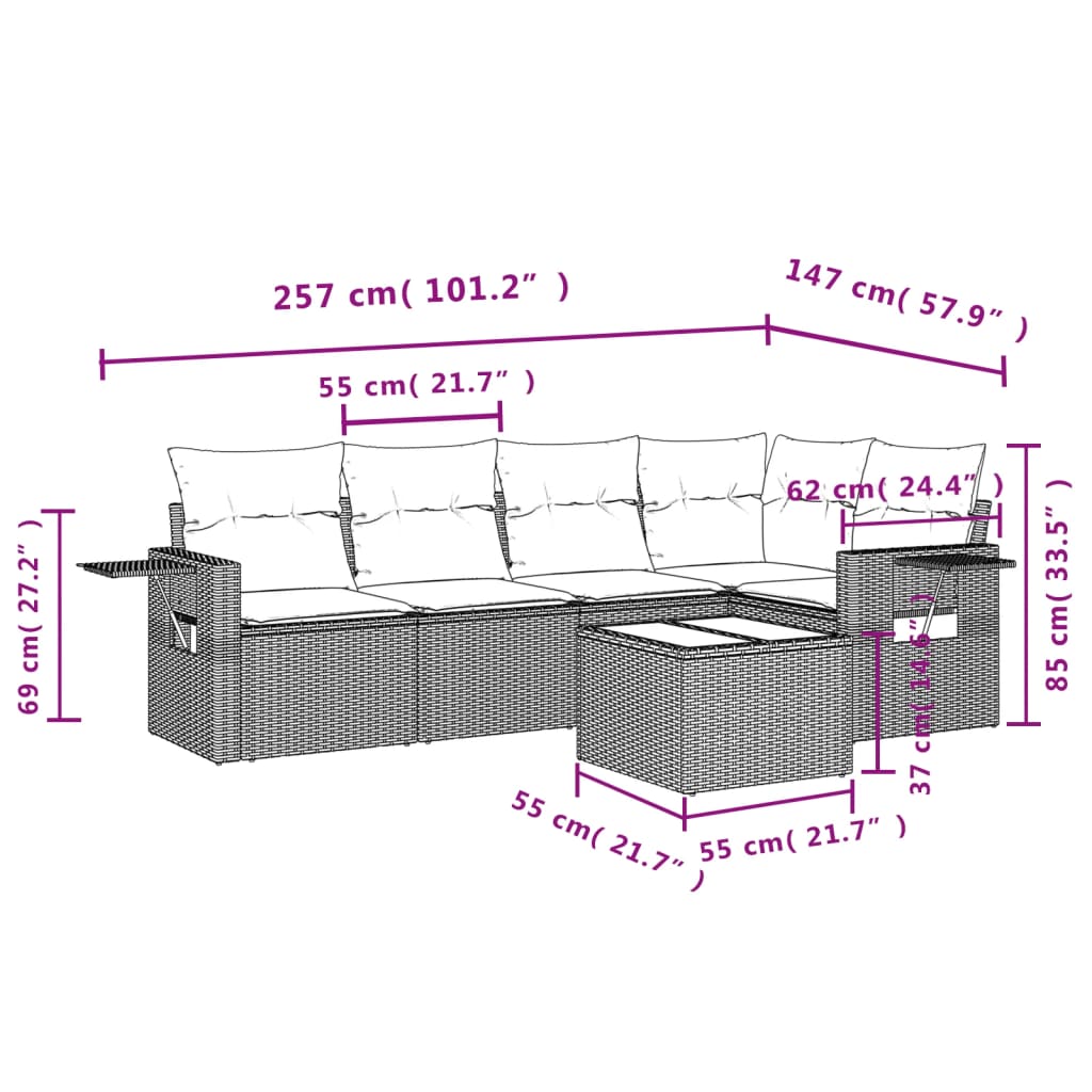 6-tlg. Garten-Sofagarnitur mit Kissen Braun Poly Rattan
