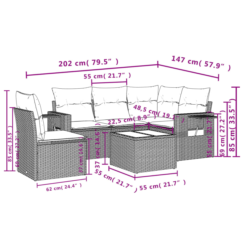 6-teiliges Gartensofa-Set mit Kissen, braun, Polyrattan