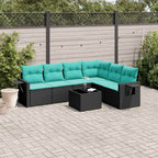 7-teiliges Gartensofa-Set mit Kissen, schwarzes Polyrattan
