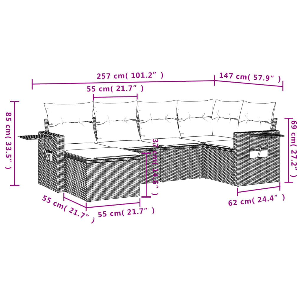 6-teiliges Gartensofa-Set mit Kissen, schwarzes Polyrattan