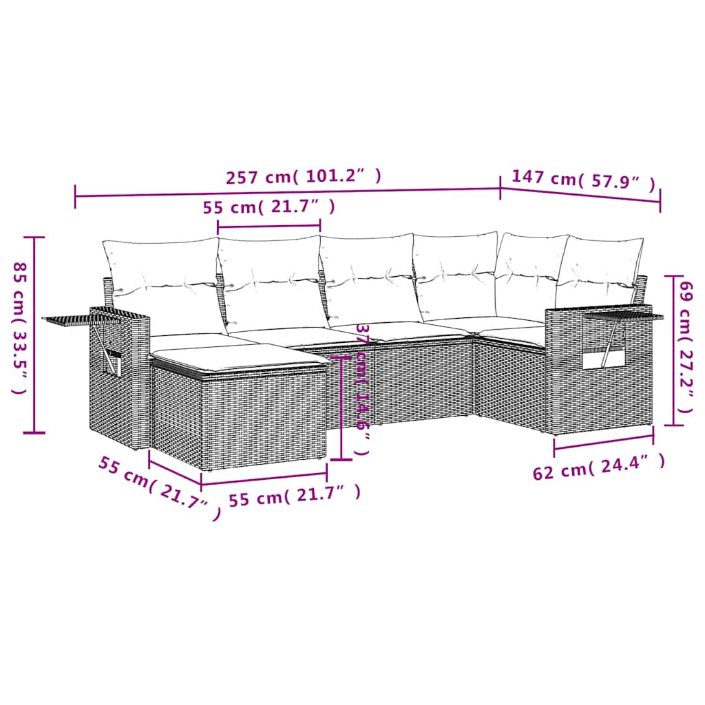 6-tlg. Garten-Sofagarnitur mit Kissen Hellgrau Poly Rattan