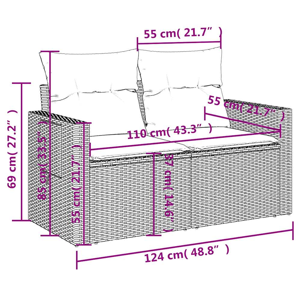 7-teiliges Gartensofa-Set mit Kissen, schwarzes Polyrattan