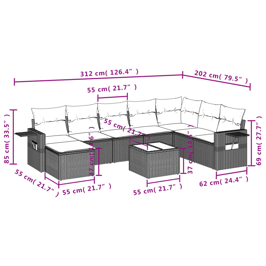 9-teiliges Gartensofa-Set mit Kissen, grau, Polyrattan