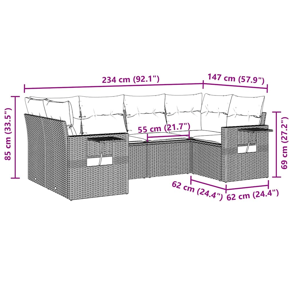 6-tlg. Garten-Sofagarnitur mit Kissen Hellgrau Poly Rattan