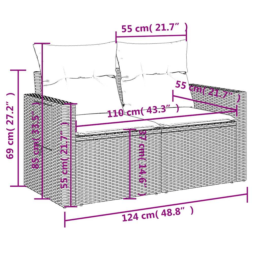 9-tlg. Garten-Sofagarnitur mit Kissen Braun Poly Rattan