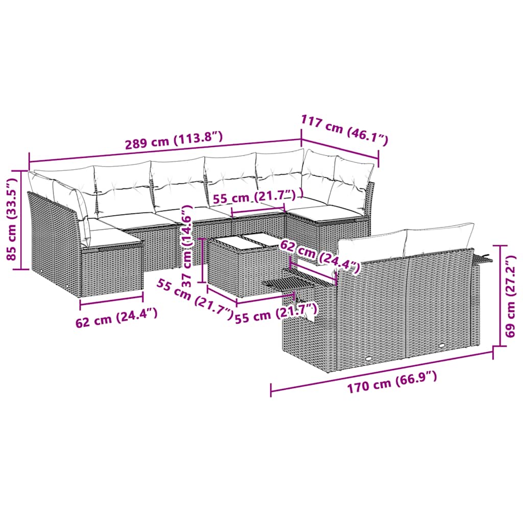 10-tlg. Garten-Sofagarnitur mit Kissen Hellgrau Poly Rattan