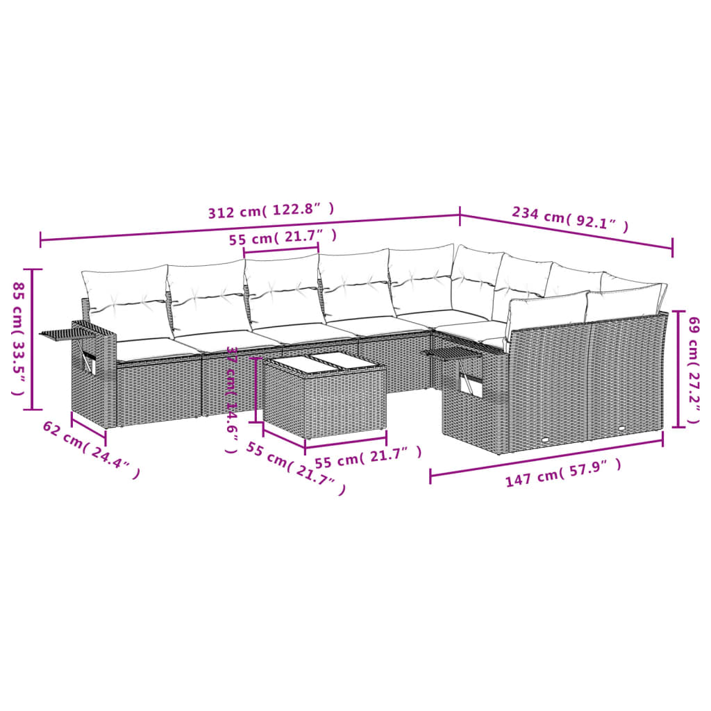 10-teiliges Gartensofa-Set mit Kissen, schwarzes Polyrattan