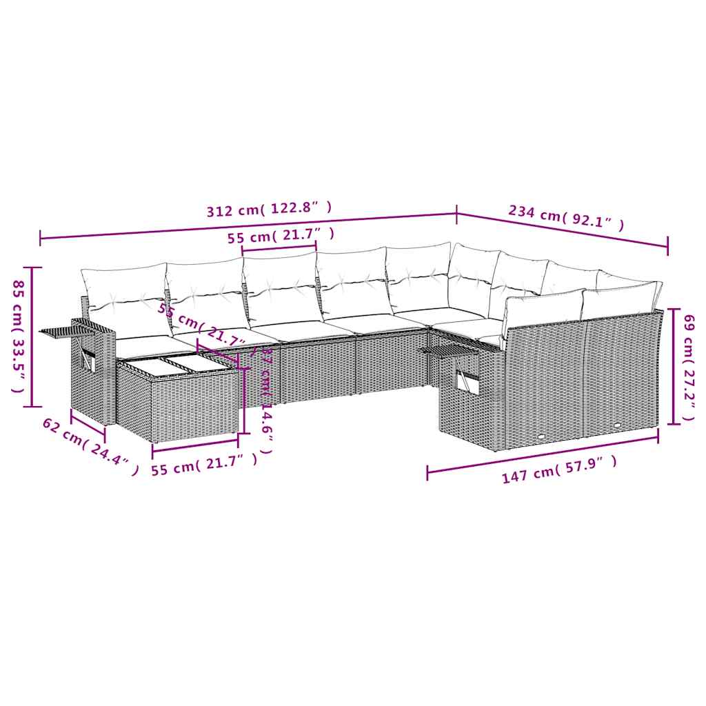 10-teiliges Gartensofa-Set mit Kissen, grau, Polyrattan
