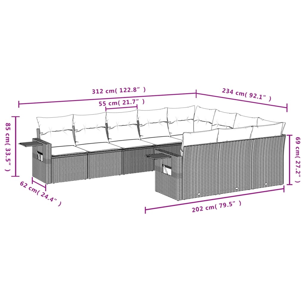 10-teiliges Gartensofa-Set mit Kissen, grau, Polyrattan