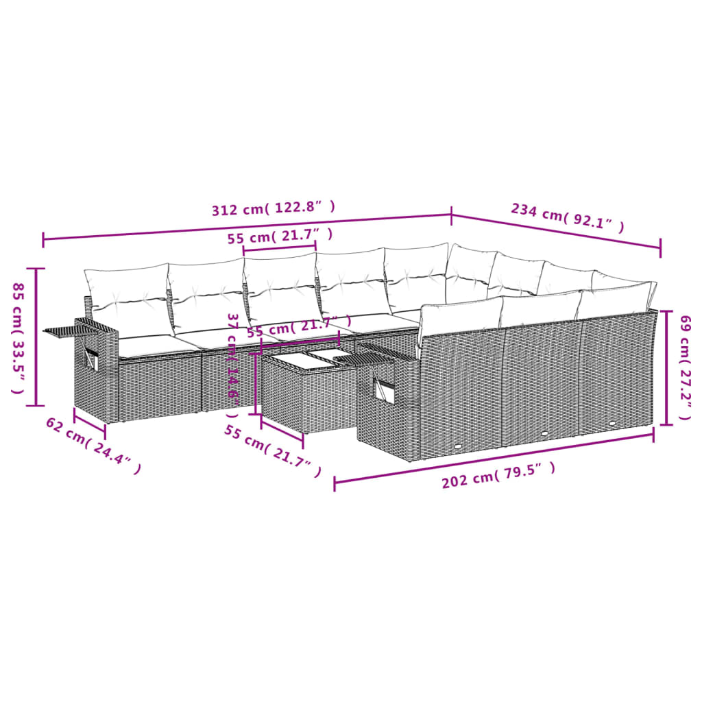 11-teiliges Gartensofa-Set mit Kissen, braun, Polyrattan
