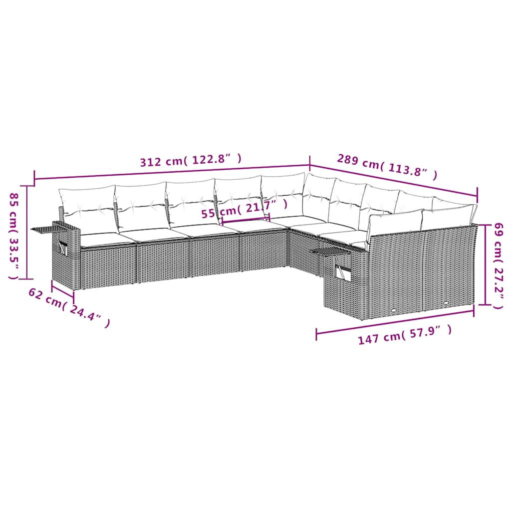 10-tlg. Garten-Sofagarnitur mit Kissen Hellgrau Poly Rattan