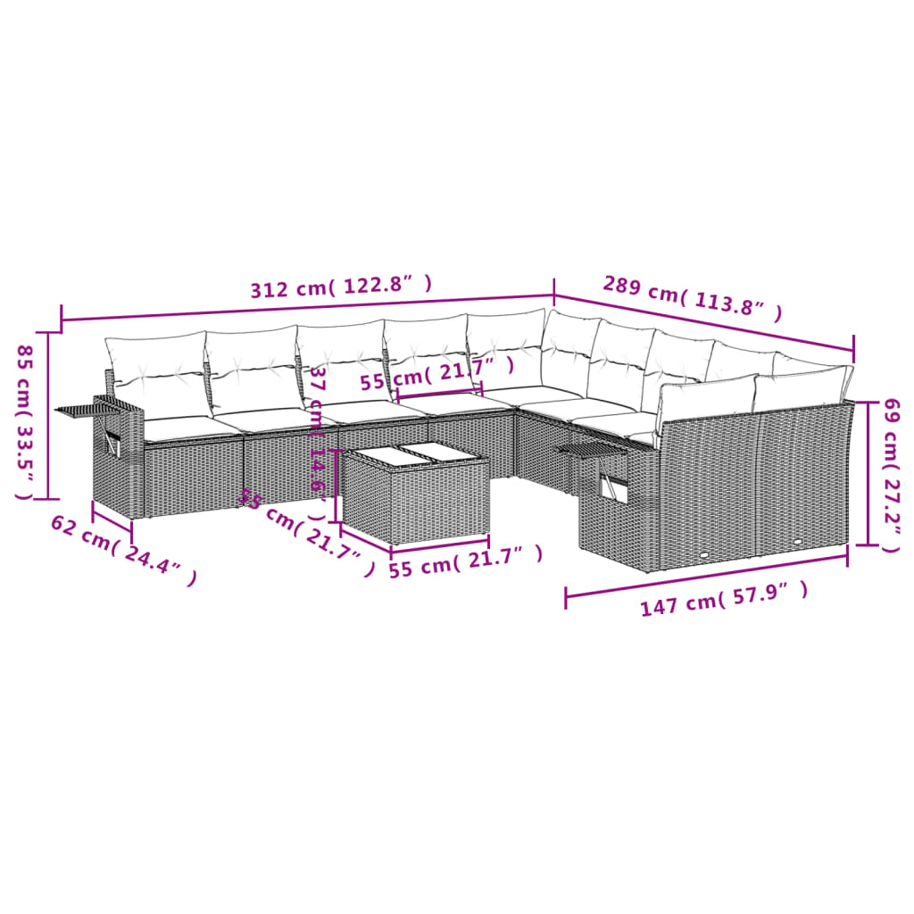 11-teiliges Gartensofa-Set mit Kissen, grau, Polyrattan