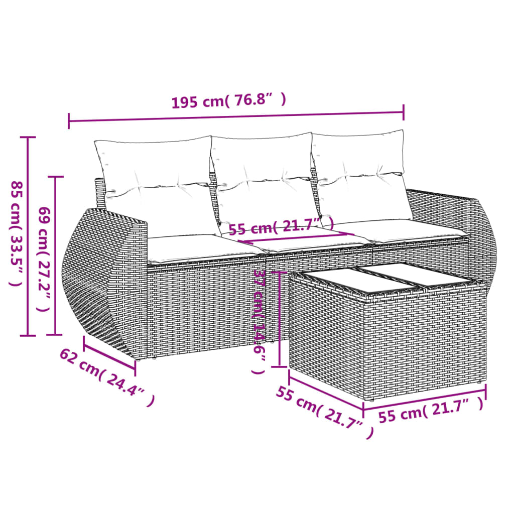 4-tlg. Garten-Sofagarnitur mit Kissen Braun Poly Rattan