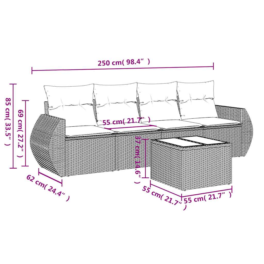 5-tlg. Garten-Sofagarnitur mit Kissen Hellgrau Poly Rattan