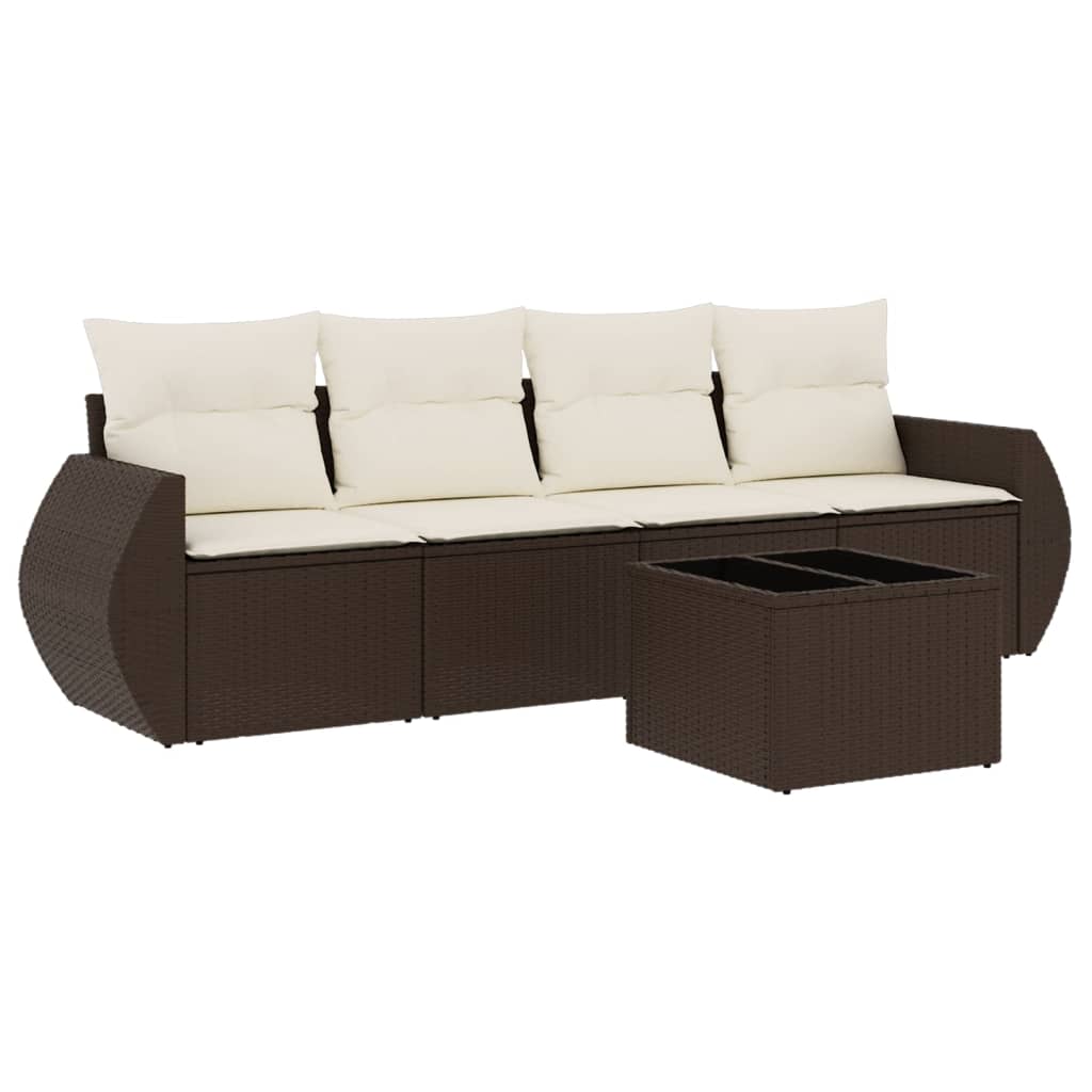 5-tlg. Garten-Sofagarnitur mit Kissen Braun Poly Rattan