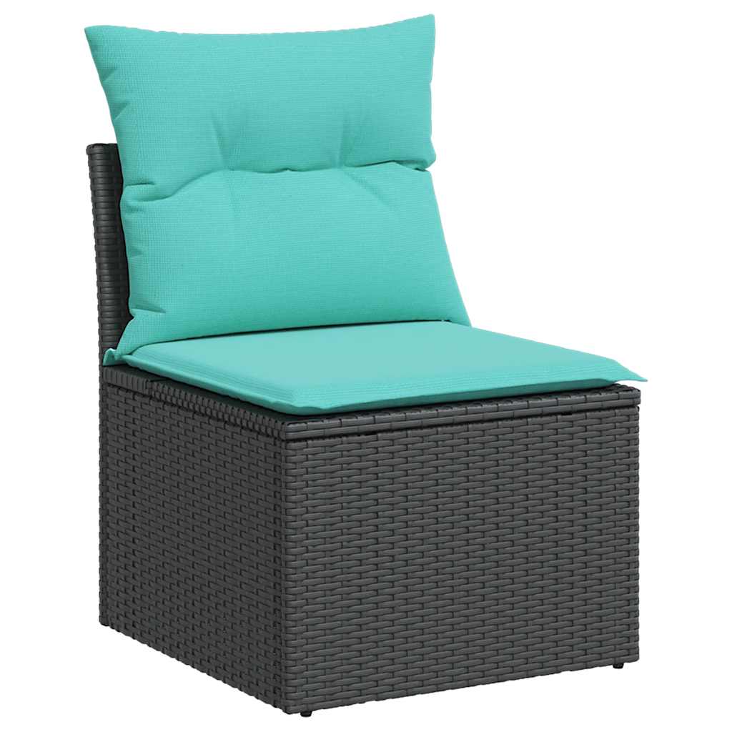7-teiliges Gartensofa-Set mit Kissen, schwarzes Polyrattan