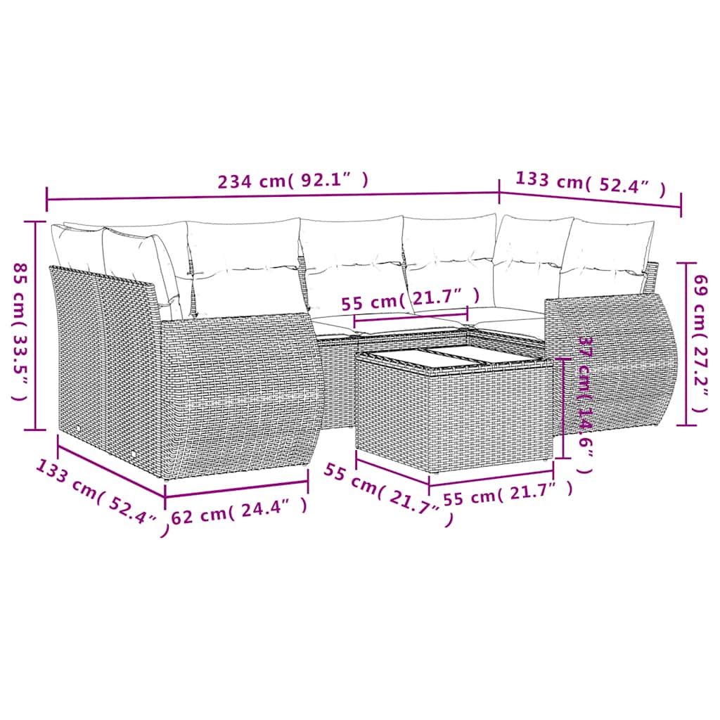 7-teiliges Gartensofa-Set mit Kissen, schwarzes Polyrattan