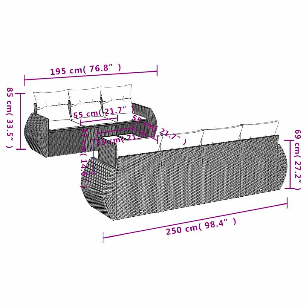 8-teiliges Gartensofa-Set mit Kissen, grau, Polyrattan