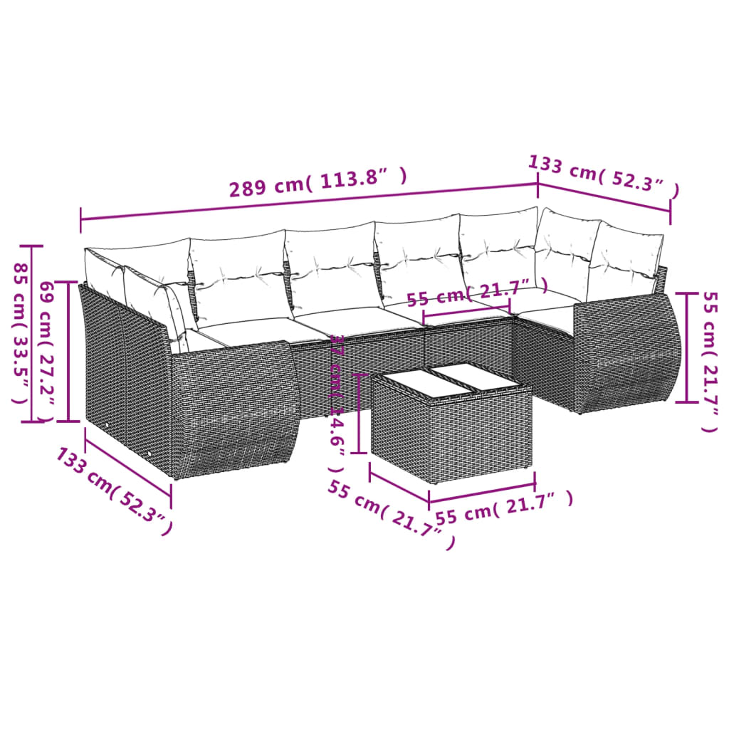 8-tlg. Garten-Sofagarnitur mit Kissen Braun Poly Rattan