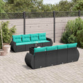 9-teiliges Gartensofa-Set mit Kissen, schwarzes Polyrattan