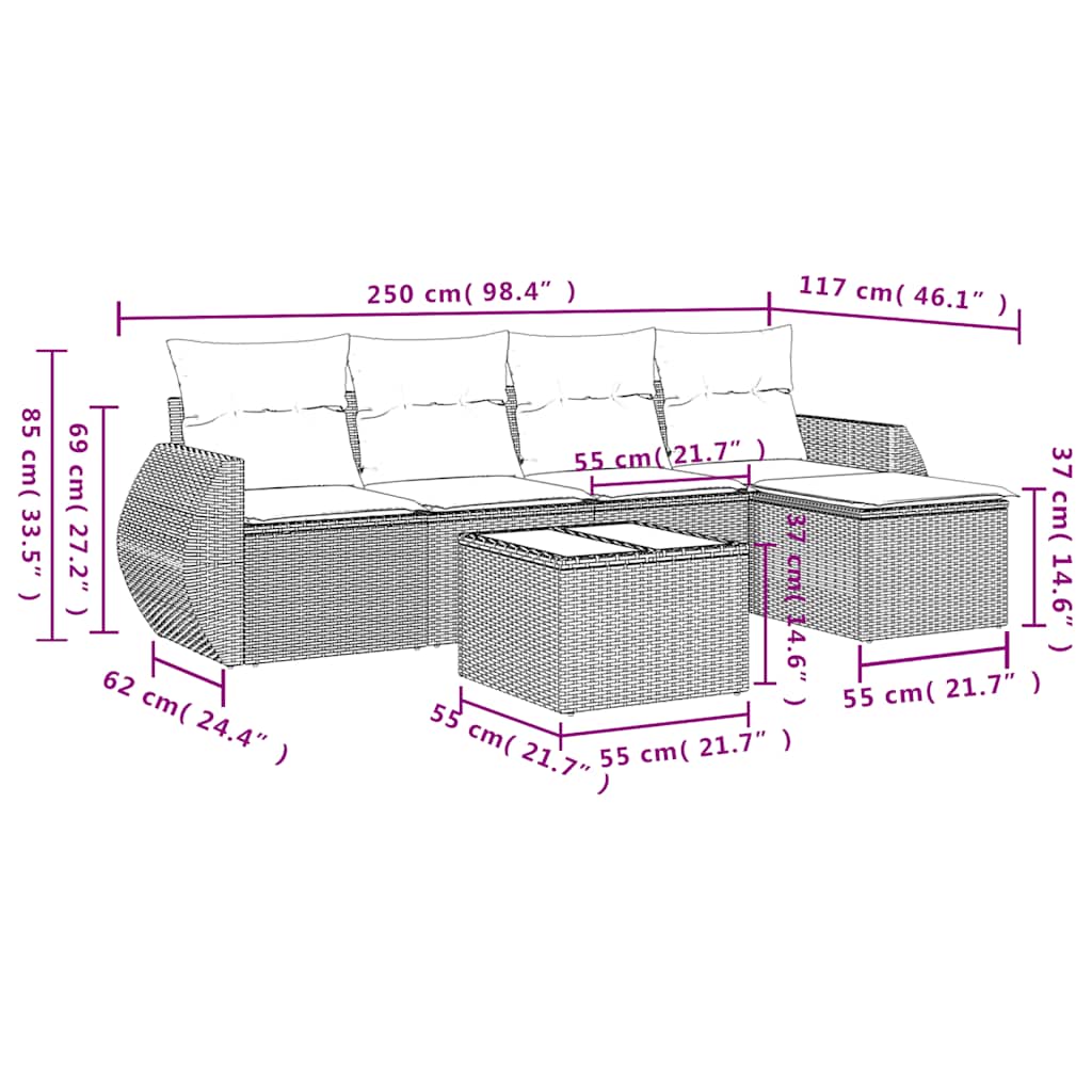 6-teiliges Gartensofa-Set mit Kissen, grau, Polyrattan