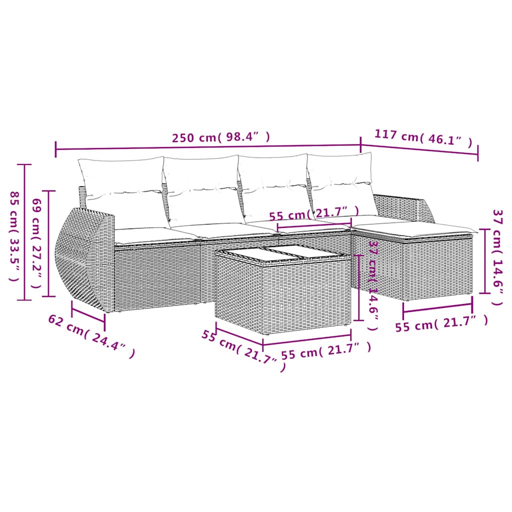 6-teiliges Gartensofa-Set mit Kissen, braun, Polyrattan