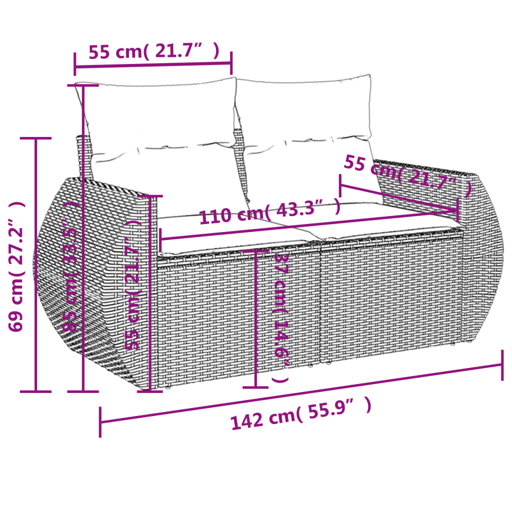 4-teiliges Gartensofa-Set mit Kissen, grau, Polyrattan