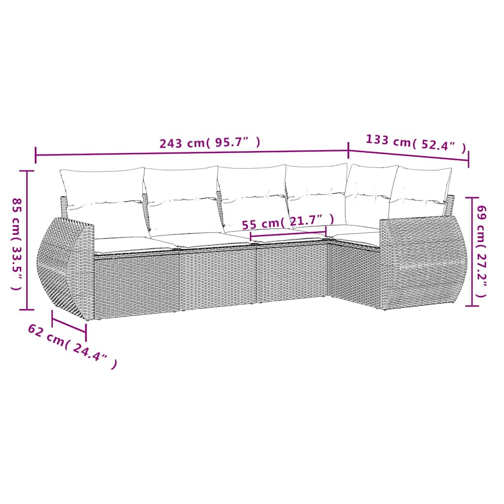 5-tlg. Garten-Sofagarnitur mit Kissen Hellgrau Poly Rattan
