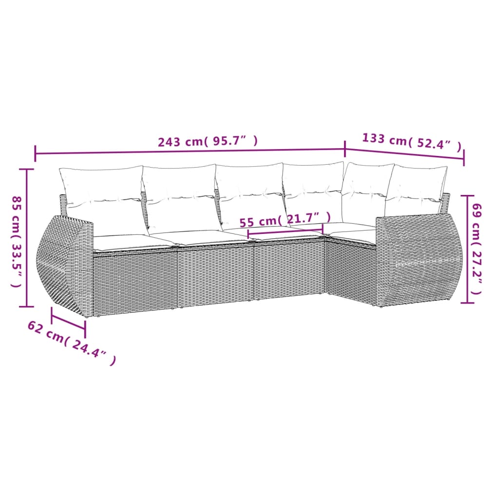5-tlg. Garten-Sofagarnitur mit Kissen Braun Poly Rattan