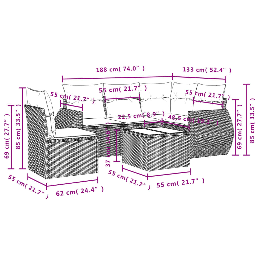 6-teiliges Gartensofa-Set mit Kissen, braun, Polyrattan