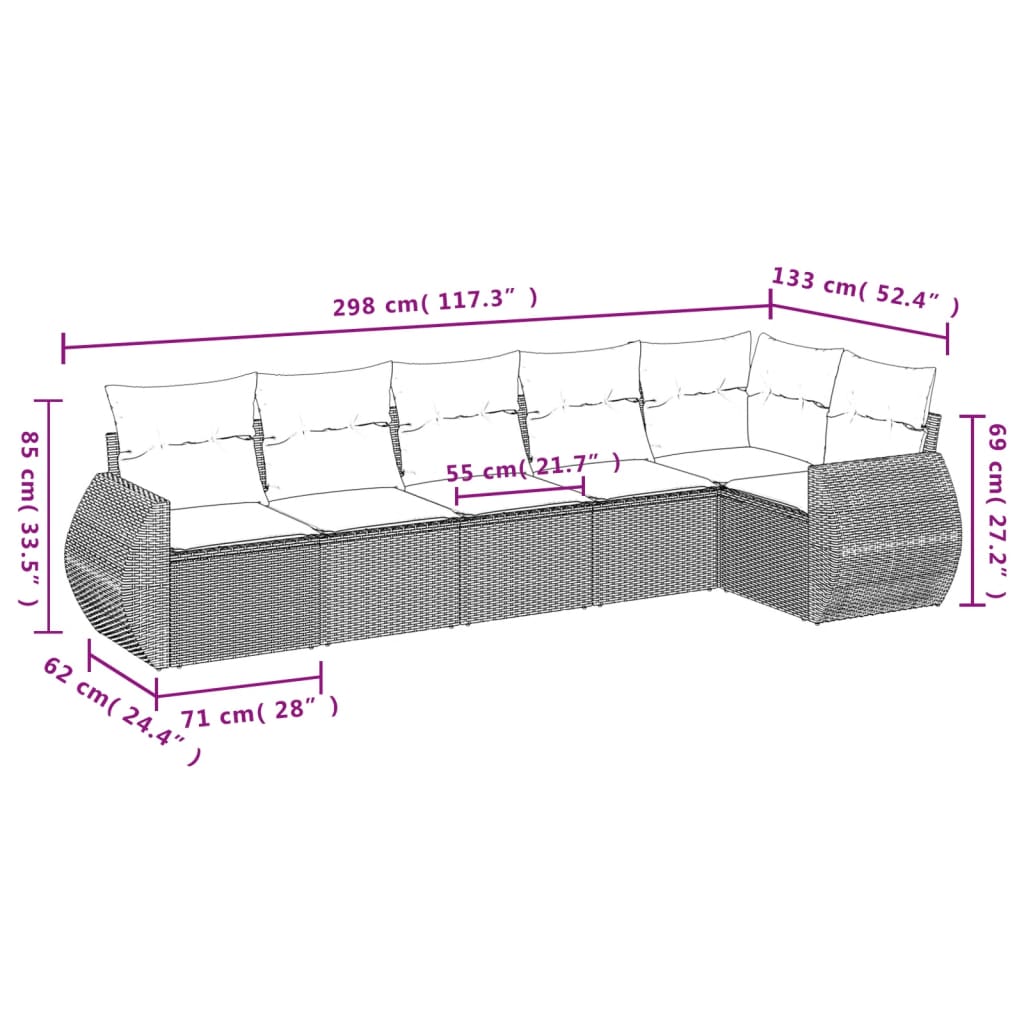 6-teiliges Gartensofa-Set mit Kissen, braun, Polyrattan