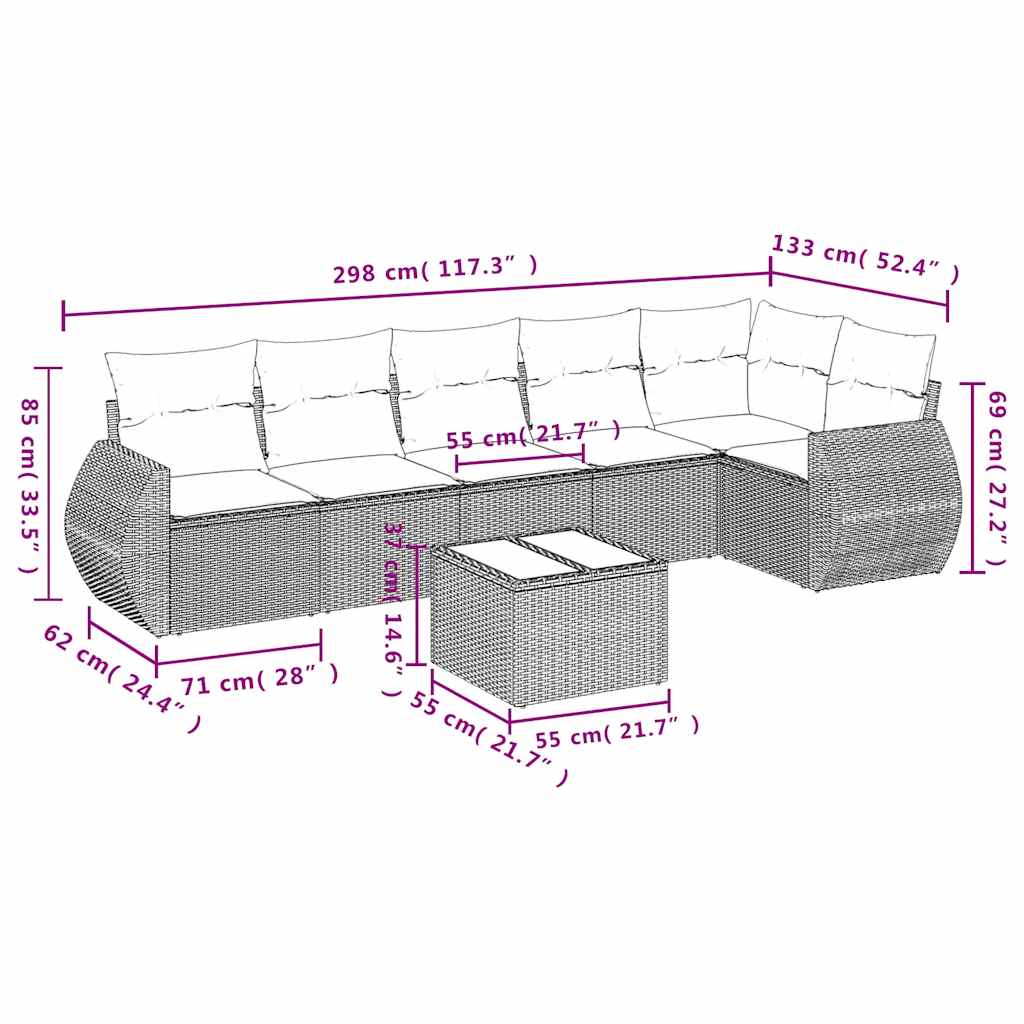 7-tlg. Garten-Sofagarnitur mit Kissen Hellgrau Poly Rattan