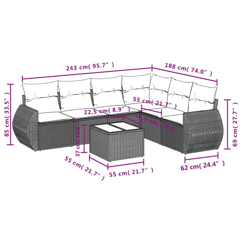 7-teiliges Gartensofa-Set mit Kissen, schwarzes Polyrattan